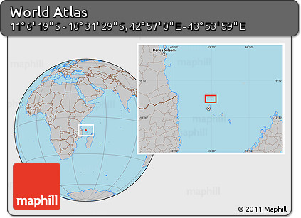 Gray Location Map of the Area around 10° 48' 54" S, 43° 25' 29" E