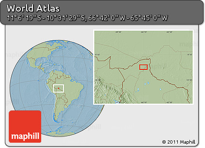 Savanna Style Location Map of the Area around 10° 48' 54" S, 66° 13' 29" W, hill shading