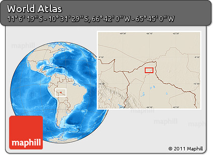 Shaded Relief Location Map of the Area around 10° 48' 54" S, 66° 13' 29" W