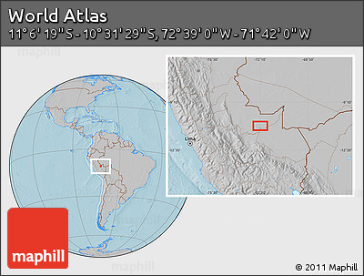 Gray Location Map of the Area around 10° 48' 54" S, 72° 10' 30" W, hill shading