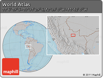 Gray Location Map of the Area around 10° 48' 54" S, 72° 10' 30" W, hill shading