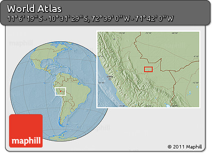Savanna Style Location Map of the Area around 10° 48' 54" S, 72° 10' 30" W, hill shading