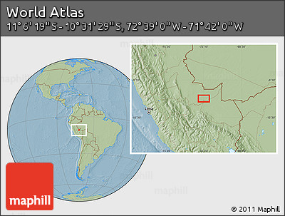 Savanna Style Location Map of the Area around 10° 48' 54" S, 72° 10' 30" W, hill shading