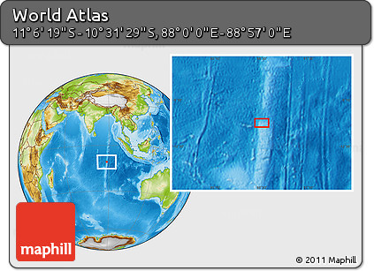 Physical Location Map of the Area around 10° 48' 54" S, 88° 28' 29" E