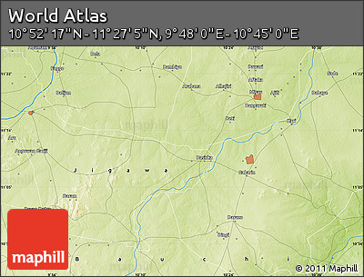 Physical Map of the Area around 11° 9' 41" N, 10° 16' 30" E