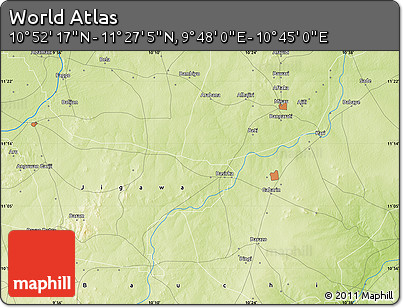 Physical Map of the Area around 11° 9' 41" N, 10° 16' 30" E
