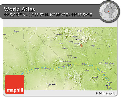 Physical 3D Map of the Area around 11° 9' 41" N, 11° 7' 30" E