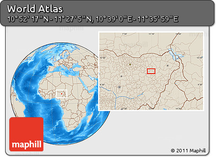 Shaded Relief Location Map of the Area around 11° 9' 41" N, 11° 7' 30" E
