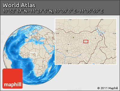 Shaded Relief Location Map of the Area around 11° 9' 41" N, 11° 7' 30" E