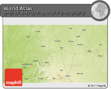 Physical 3D Map of the Area around 11° 9' 41" N, 11° 58' 29" E