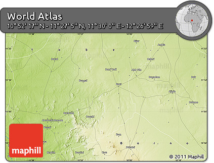 Physical Map of the Area around 11° 9' 41" N, 11° 58' 29" E