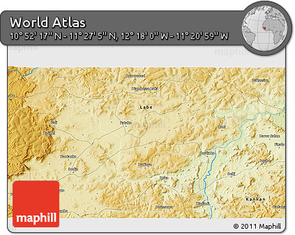 Physical 3D Map of the Area around 11° 9' 41" N, 11° 49' 29" W
