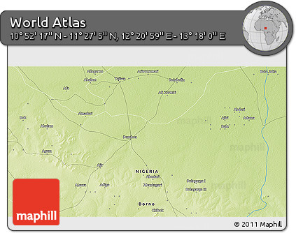 Physical 3D Map of the Area around 11° 9' 41" N, 12° 49' 29" E