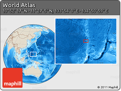 Shaded Relief Location Map of the Area around 11° 9' 41" N, 134° 22' 30" E
