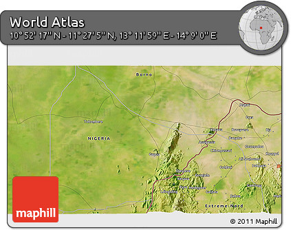 Satellite 3D Map of the Area around 11° 9' 41" N, 13° 40' 30" E