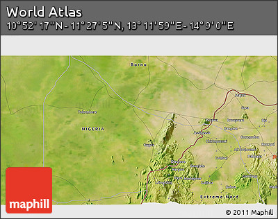 Satellite 3D Map of the Area around 11° 9' 41" N, 13° 40' 30" E