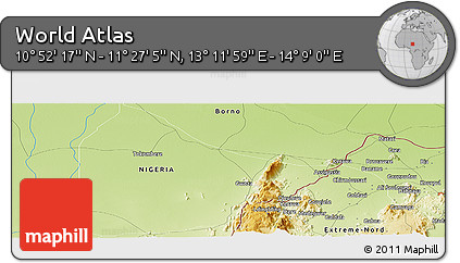 Physical Panoramic Map of the Area around 11° 9' 41" N, 13° 40' 30" E