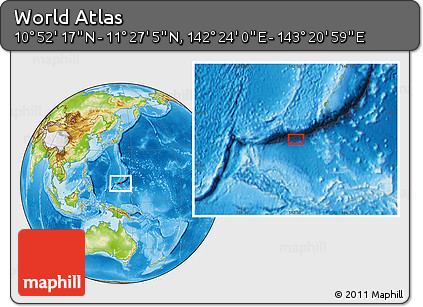 Physical Location Map of the Area around 11° 9' 41" N, 142° 52' 30" E