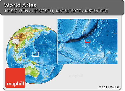 Physical Location Map of the Area around 11° 9' 41" N, 145° 25' 30" E
