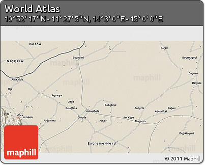 Shaded Relief 3D Map of the Area around 11° 9' 41" N, 14° 31' 30" E