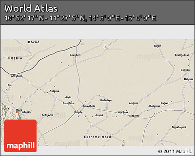 Shaded Relief 3D Map of the Area around 11° 9' 41" N, 14° 31' 30" E