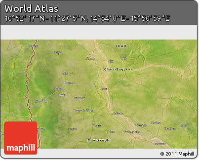 Satellite 3D Map of the Area around 11° 9' 41" N, 15° 22' 30" E