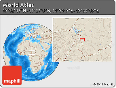 Shaded Relief Location Map of the Area around 11° 9' 41" N, 15° 22' 30" E