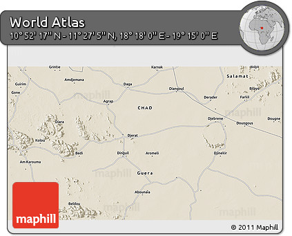 Shaded Relief 3D Map of the Area around 11° 9' 41" N, 18° 46' 29" E