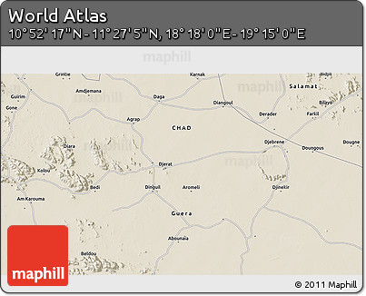 Shaded Relief 3D Map of the Area around 11° 9' 41" N, 18° 46' 29" E