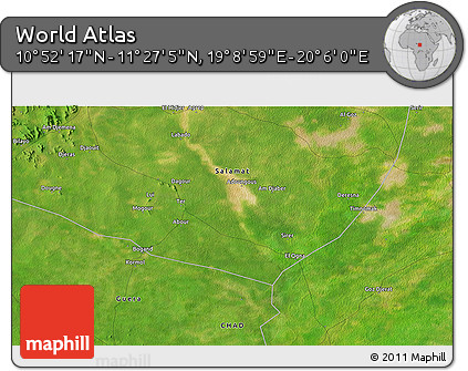 Satellite 3D Map of the Area around 11° 9' 41" N, 19° 37' 30" E