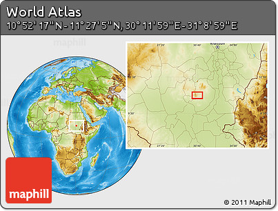 Physical Location Map of the Area around 11° 9' 41" N, 30° 40' 29" E
