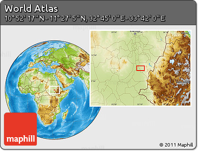 Physical Location Map of the Area around 11° 9' 41" N, 33° 13' 30" E