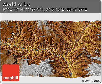 Physical 3D Map of the Area around 11° 9' 41" N, 38° 19' 30" E