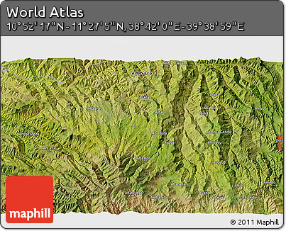 Satellite 3D Map of the Area around 11° 9' 41" N, 39° 10' 29" E
