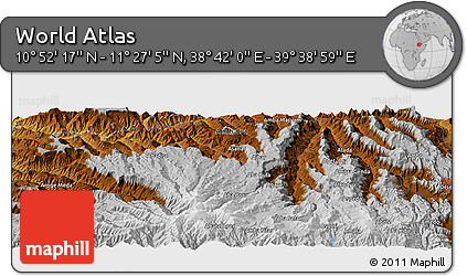 Physical Panoramic Map of the Area around 11° 9' 41" N, 39° 10' 29" E