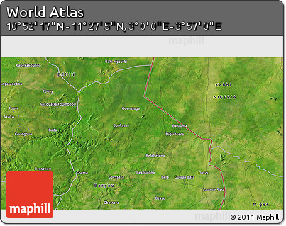 Satellite 3D Map of the Area around 11° 9' 41" N, 3° 28' 30" E