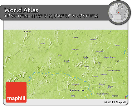 Physical 3D Map of the Area around 11° 9' 41" N, 3° 19' 30" W