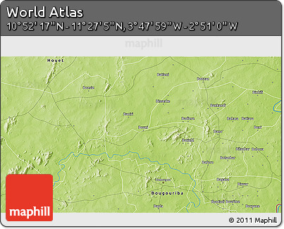 Physical 3D Map of the Area around 11° 9' 41" N, 3° 19' 30" W