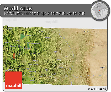 Satellite 3D Map of the Area around 11° 9' 41" N, 40° 1' 29" E
