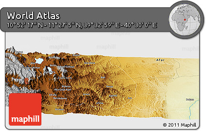 Physical Panoramic Map of the Area around 11° 9' 41" N, 40° 1' 29" E