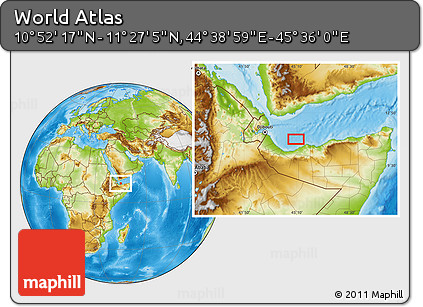 Physical Location Map of the Area around 11° 9' 41" N, 45° 7' 30" E
