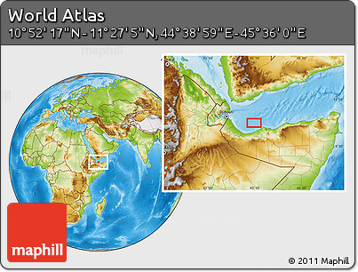 Physical Location Map of the Area around 11° 9' 41" N, 45° 7' 30" E