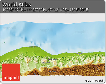 Physical 3D Map of the Area around 11° 9' 41" N, 47° 40' 29" E