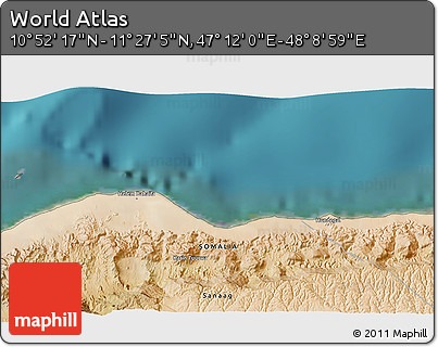 Satellite 3D Map of the Area around 11° 9' 41" N, 47° 40' 29" E
