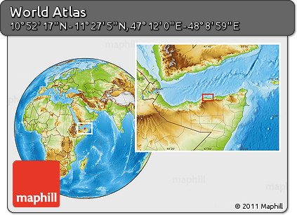 Physical Location Map of the Area around 11° 9' 41" N, 47° 40' 29" E