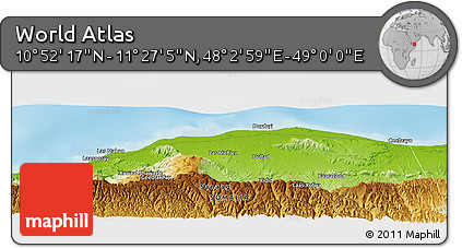 Physical Panoramic Map of the Area around 11° 9' 41" N, 48° 31' 29" E