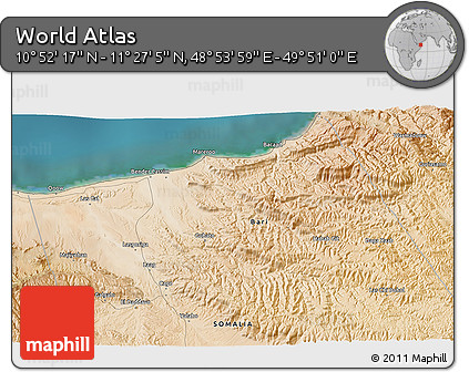 Satellite 3D Map of the Area around 11° 9' 41" N, 49° 22' 30" E