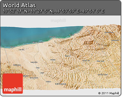 Satellite 3D Map of the Area around 11° 9' 41" N, 49° 22' 30" E