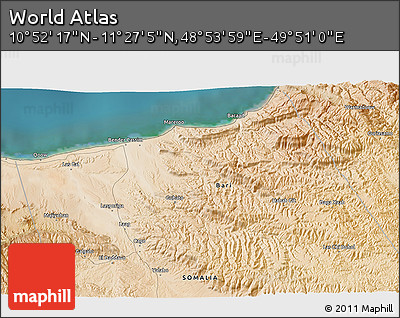 Satellite 3D Map of the Area around 11° 9' 41" N, 49° 22' 30" E