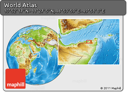 Physical Location Map of the Area around 11° 9' 41" N, 49° 22' 30" E